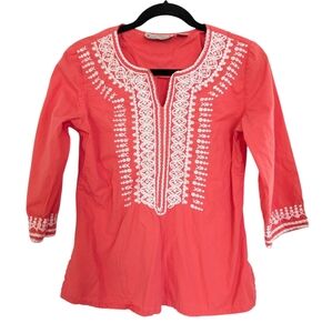 Lifestyle Top Womens Small Coral Embroidered Floral‎ Boho Woven Artsy Tunic